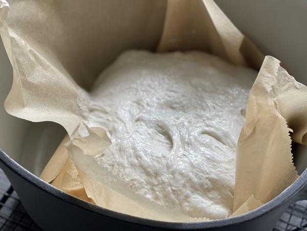 Brotteig in Backpapier für Rezept Genetztes Brot aus dem Gusstopf von Pampered Chef® 