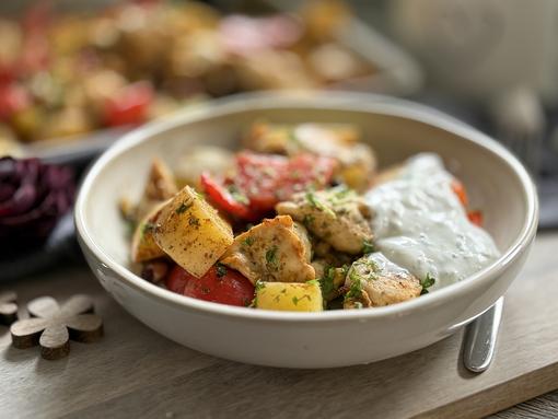 Feierabendblech 1 Rezept - Portion und Blech Hähnchen mit Kartoffeln und Gemüse - Großer Ofenzauberer - Pampered Chef®