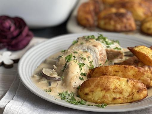 Champignon-Hähnchen mit Kartoffelspalten aus dem Grundset von Pampered Chef® 