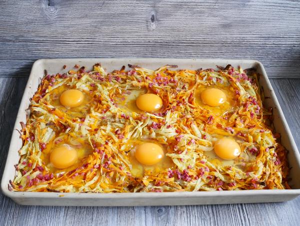 Eier auf Kürbis und Kartoffelraspel für Kürbis Rösti vom Ofenzauberer 