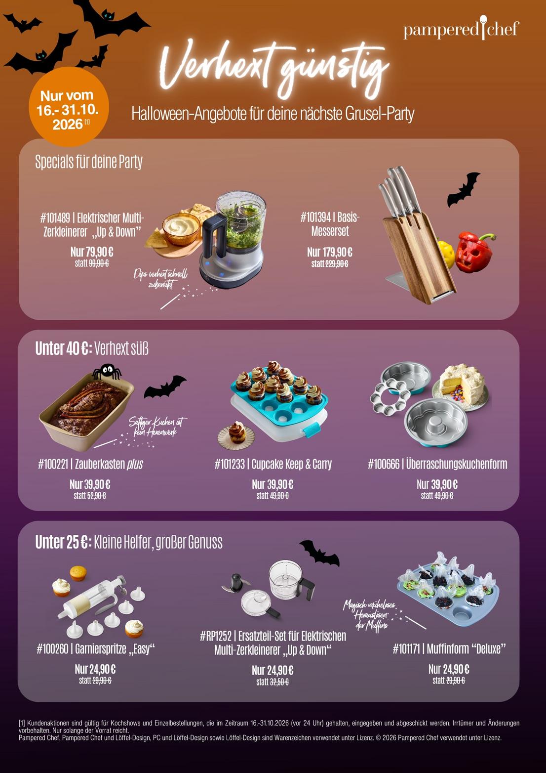 Pampered Chef® Halloween-Angebote vom 16. bis 31. Oktober 2026 im Überblick: acht Küchenhelfer zum Aktionspreis – erhältlich in Deutschland und Österreich bei Steffi Ebbing