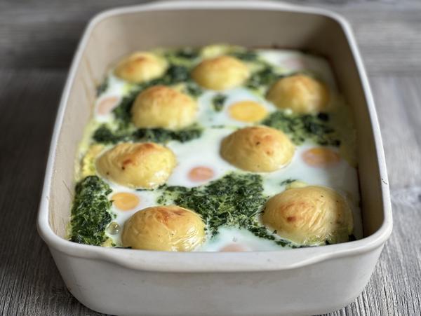 Eier gebacken - Rezept Spinat-Knödel-Auflauf - Ofenhexe® - Pampered Chef® 